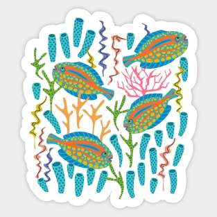 TROPICAL ZONE Coral Reef Fish Undersea Ocean Sea Creatures in Bright Colours on Dark Teal Blue - UnBlink Studio by Jackie Tahara Sticker